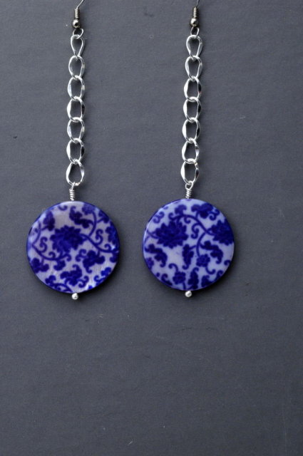 Blue White Shell Long Dangle Earrings , Hand Crafted Original Design