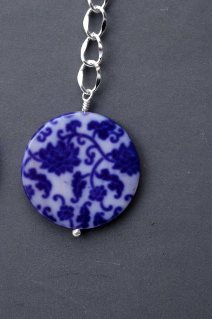 Blue White Shell Long Dangle Earrings , Hand Crafted Original Design