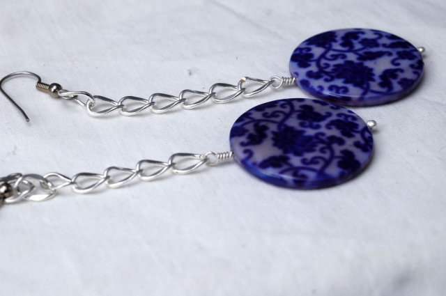 Blue White Shell Long Dangle Earrings , Hand Crafted Original Design
