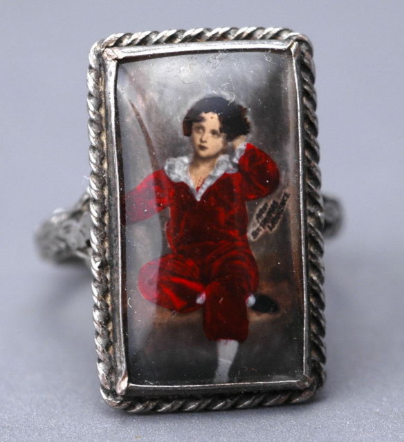 Sterling Silver Ring with Handpainted Miniature Portrait - Sir Thomas Lawrence Painting RED BOY