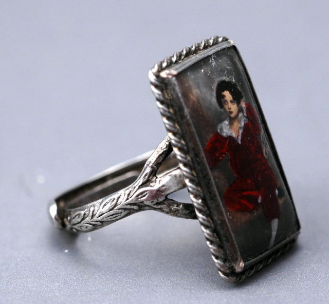 Sterling Silver Ring with Handpainted Miniature Portrait - Sir Thomas Lawrence Painting RED BOY