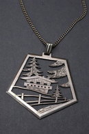 Sterling Silver Chain & Japanese House Landscape Scene Pendant Necklace