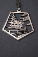 Sterling Silver Chain & Japanese House Landscape Scene Pendant Necklace