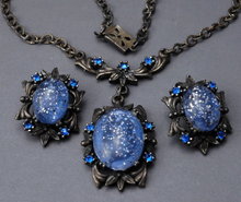 Vintage Blue Glass Parure with Silver Metallic Confetti Flecks Excellent!