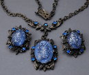 Vintage Blue Glass Parure with Silver Metallic Confetti Flecks Excellent!