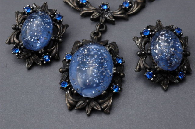 Vintage Blue Glass Parure with Silver Metallic Confetti Flecks Excellent!