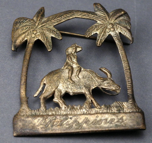 Silver Brooch, Man on Ox, Palm Trees Souvenir of the Philippines.