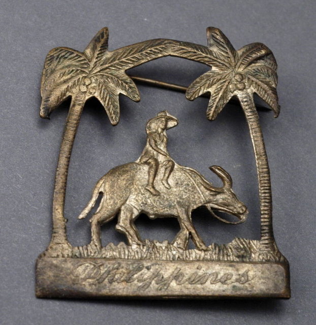 Silver Brooch, Man on Ox, Palm Trees Souvenir of the Philippines.