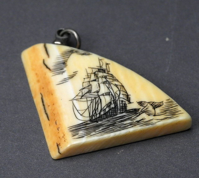 Fossilized Ivory Scrimshaw Sailing Ship Pendant