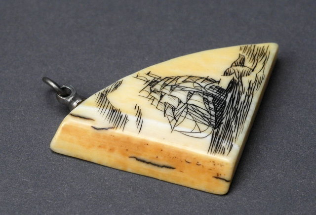 Fossilized Ivory Scrimshaw Sailing Ship Pendant