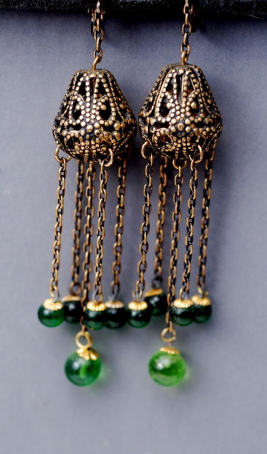 Victorian Brass & Green Glass Filigree Long Dangle Chatelaine Earrings