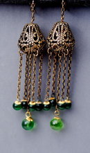 Victorian Brass & Green Glass Filigree Long Dangle Chatelaine Earrings