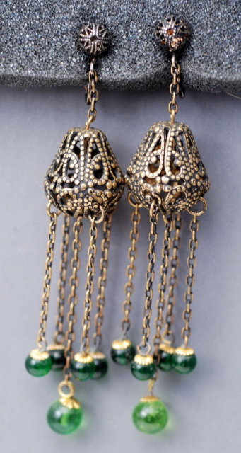 Victorian Brass & Green Glass Filigree Long Dangle Chatelaine Earrings
