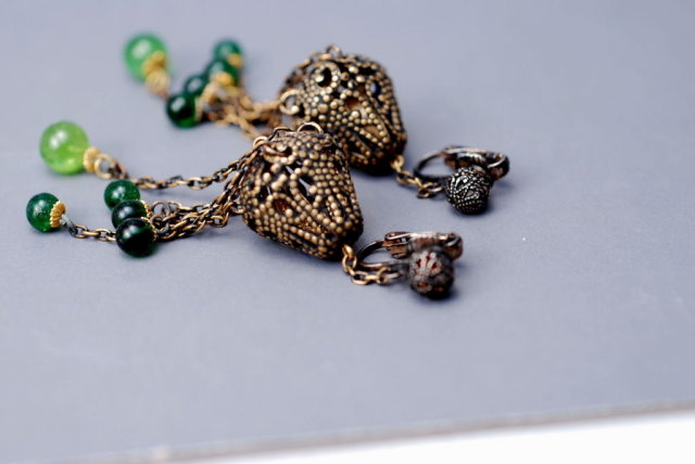 Victorian Brass & Green Glass Filigree Long Dangle Chatelaine Earrings
