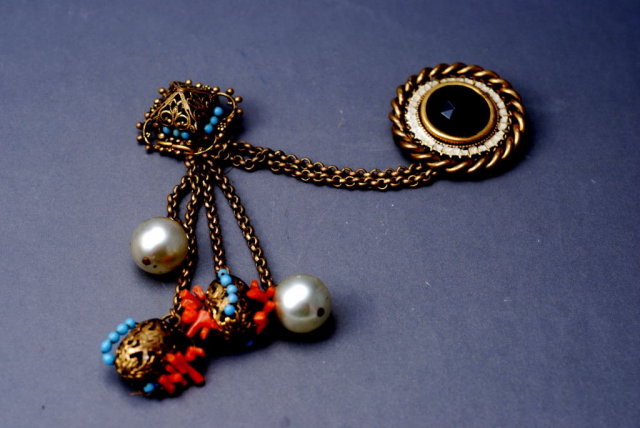 Rare ADELE SIMPSON Chatelaine Swag Pin Duet Brass/Coral/Pearl