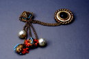 Rare ADELE SIMPSON Chatelaine Swag Pin Duet Brass/Coral/Pearl