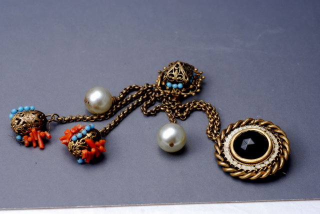 Rare ADELE SIMPSON Chatelaine Swag Pin Duet Brass/Coral/Pearl