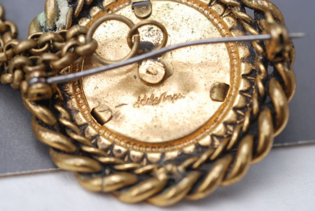Rare ADELE SIMPSON Chatelaine Swag Pin Duet Brass/Coral/Pearl