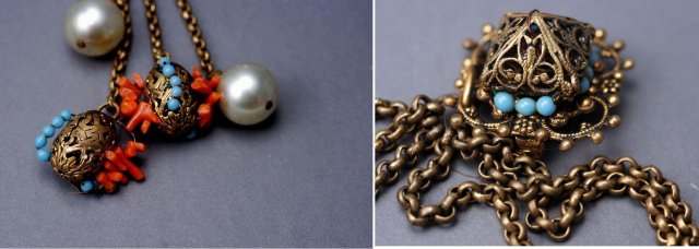 Rare ADELE SIMPSON Chatelaine Swag Pin Duet Brass/Coral/Pearl