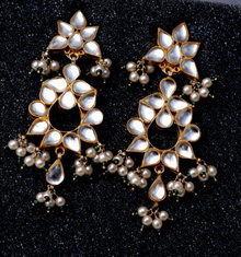 Mirrored Glass Cabochon & Pearl Chandelier Clip On Earrings