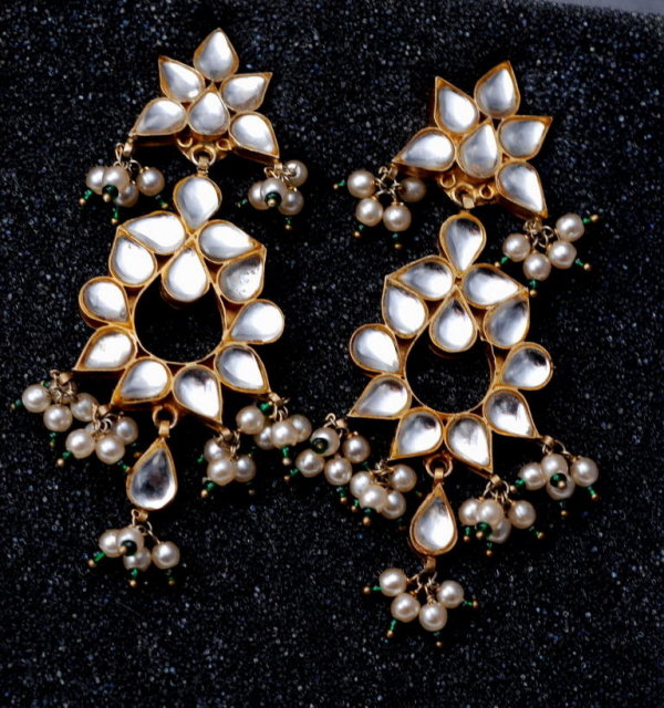 Mirrored Glass Cabochon & Pearl Chandelier Clip On Earrings
