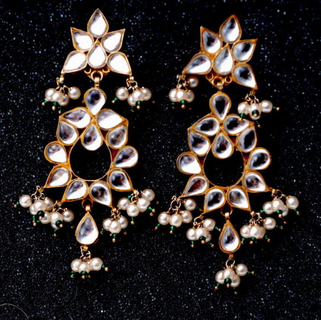 Mirrored Glass Cabochon & Pearl Chandelier Clip On Earrings