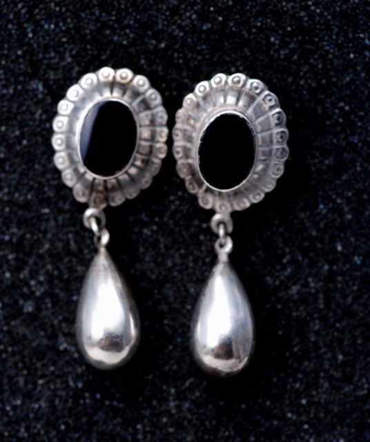 Sterling Silver Onyx Concho Drop Earrings