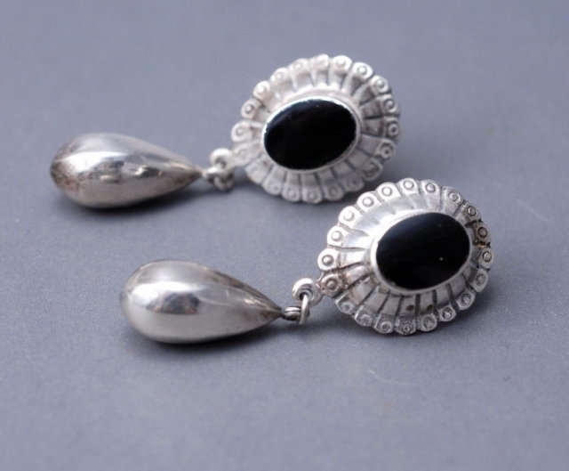 Sterling Silver Onyx Concho Drop Earrings