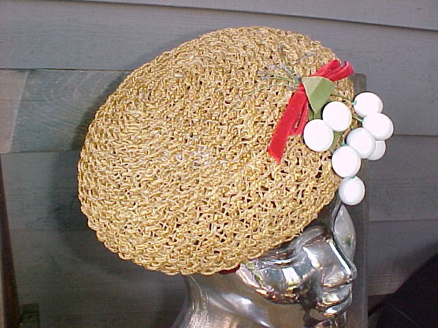 Straw Hat White Cherries Beret Beanie Tam John Andrew of San Francisco