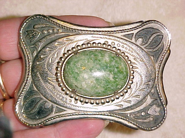 Silver Belt Buckle Green Speckled Agate Western