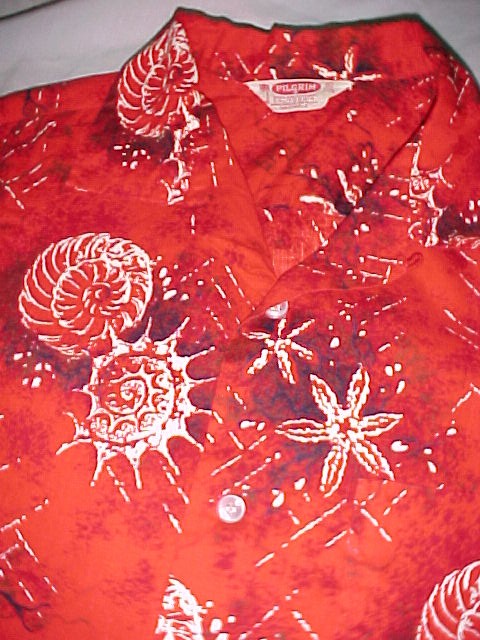 Tropical Seashell Shirt by Pilgrim of California made for Sears & Roebuck Nice Red,White, Black & Brown Seashell Print size XL 17-17 1/2
