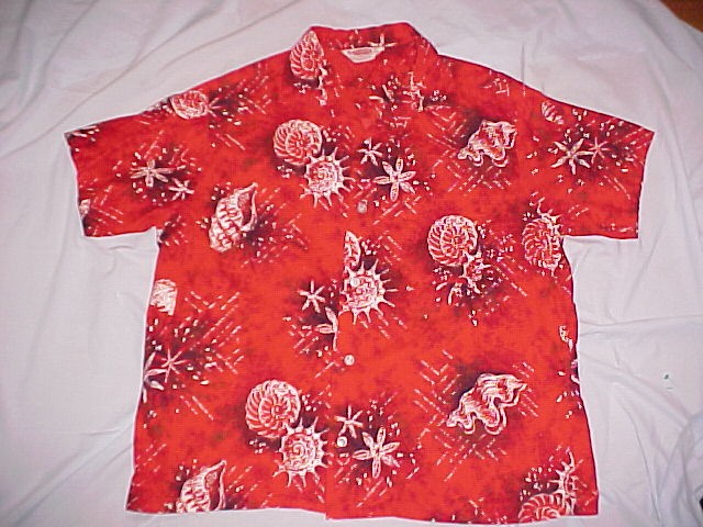 Tropical Seashell Shirt by Pilgrim of California made for Sears & Roebuck Nice Red,White, Black & Brown Seashell Print size XL 17-17 1/2