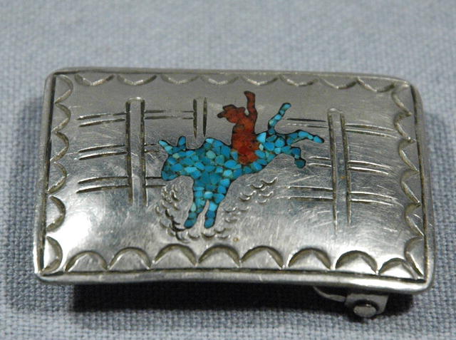 Navajo Silver Belt Buckle Mosaic Rodeo Bull & Rider