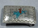 Navajo Silver Belt Buckle Mosaic Rodeo Bull & Rider