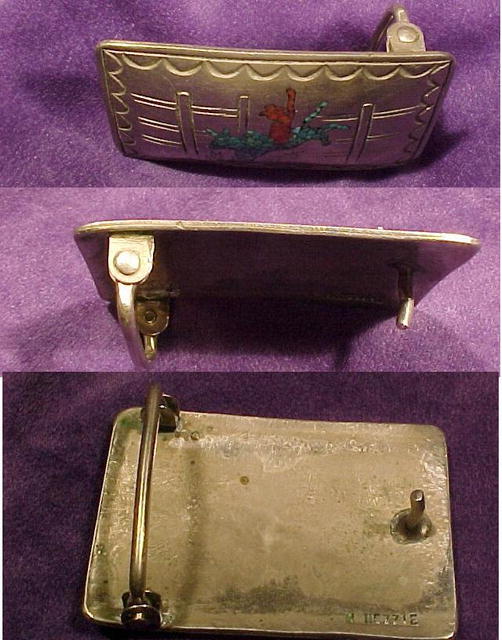 Navajo Silver Belt Buckle Mosaic Rodeo Bull & Rider