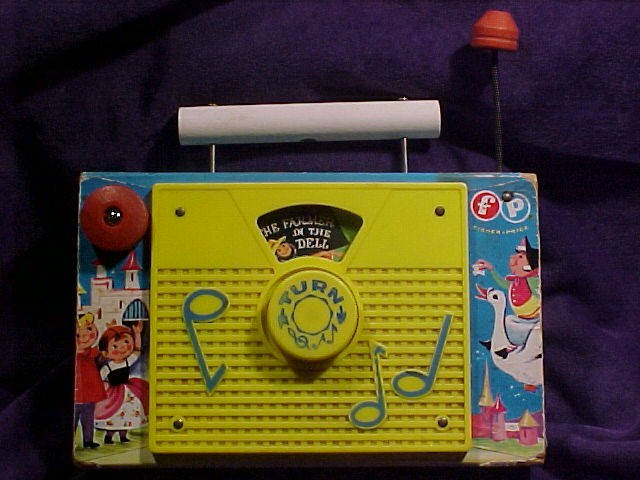 Vintage Fisher Price T-V Radio Wood with Paper Litho Plays Farmer in the Dell