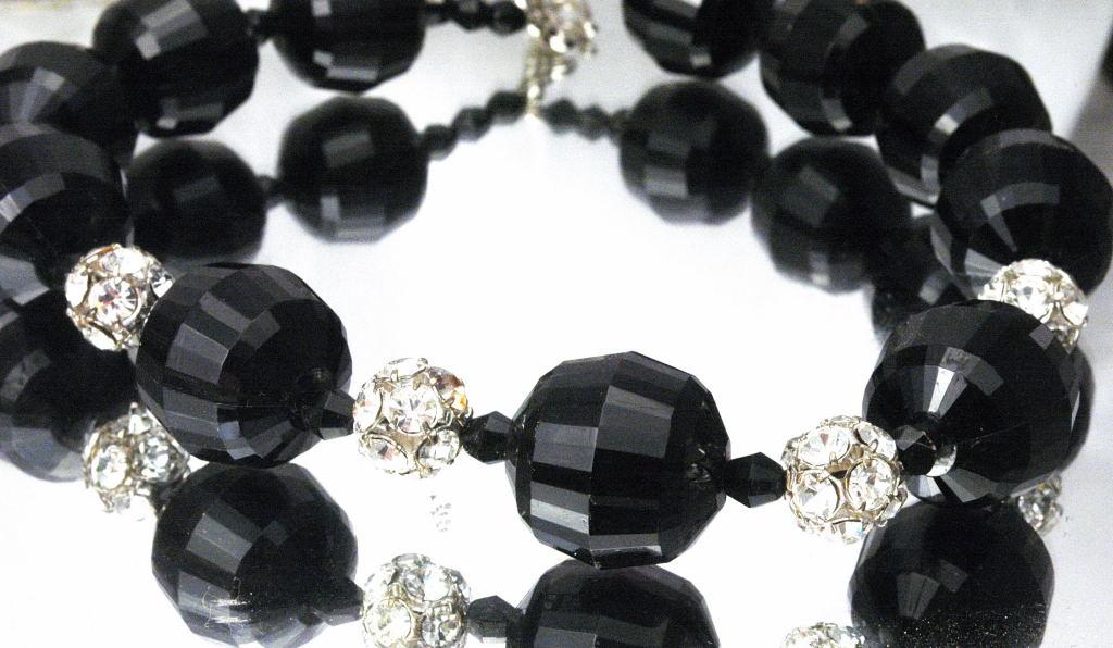 Big Chunky Choker Necklace of Huge Black Faceted Bead and Rhinestone Balls *PRICE REDUCED!**