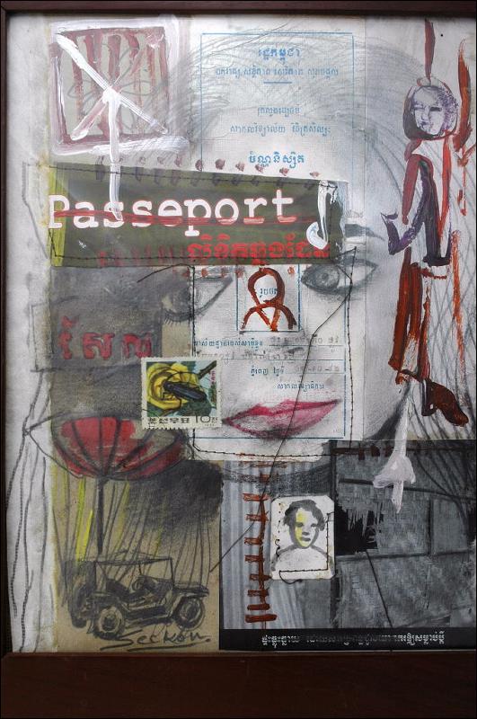 Cambodian Artist Leang Seckon Mixed Media Collage Painting price reduced!