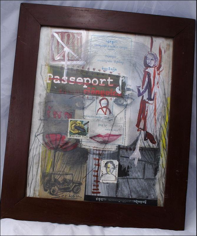 Cambodian Artist Leang Seckon Mixed Media Collage Painting price reduced!