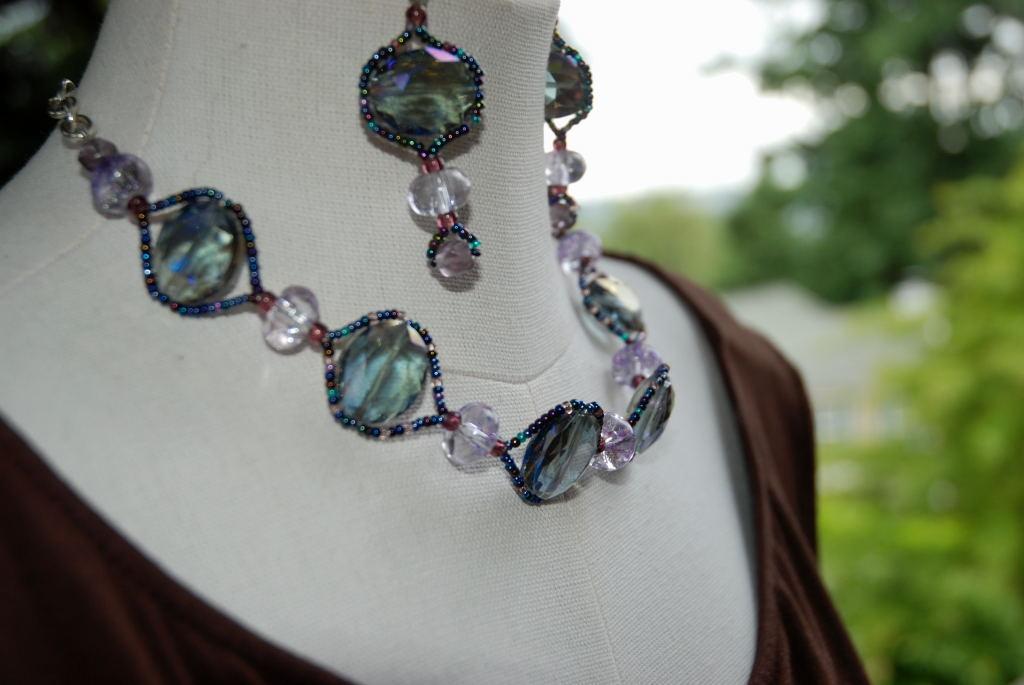 Iridescent AB Parure Color Change Chunky Beaded Set Earrings, choker, bracelet PRICE REDUCED!!