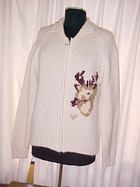 Zippered Front Wool Reindeer Cardigan Sweater Med