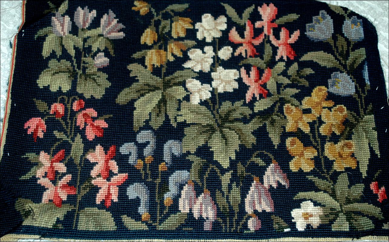 Fine Needlepoint Cushion Top Seat Cover for Footstool or Chair or Pillow - Antiuqe Floral Folk Art