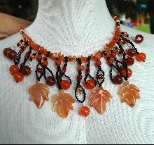 Carnelian Carved Maple Leaf & Old Trade Beads Necklace One of kind , hand crafted, original design