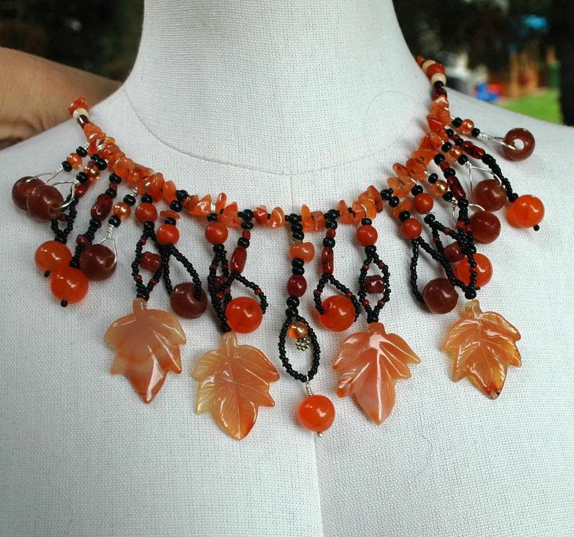 Carnelian Carved Maple Leaf & Old Trade Beads Necklace One of kind , hand crafted, original design