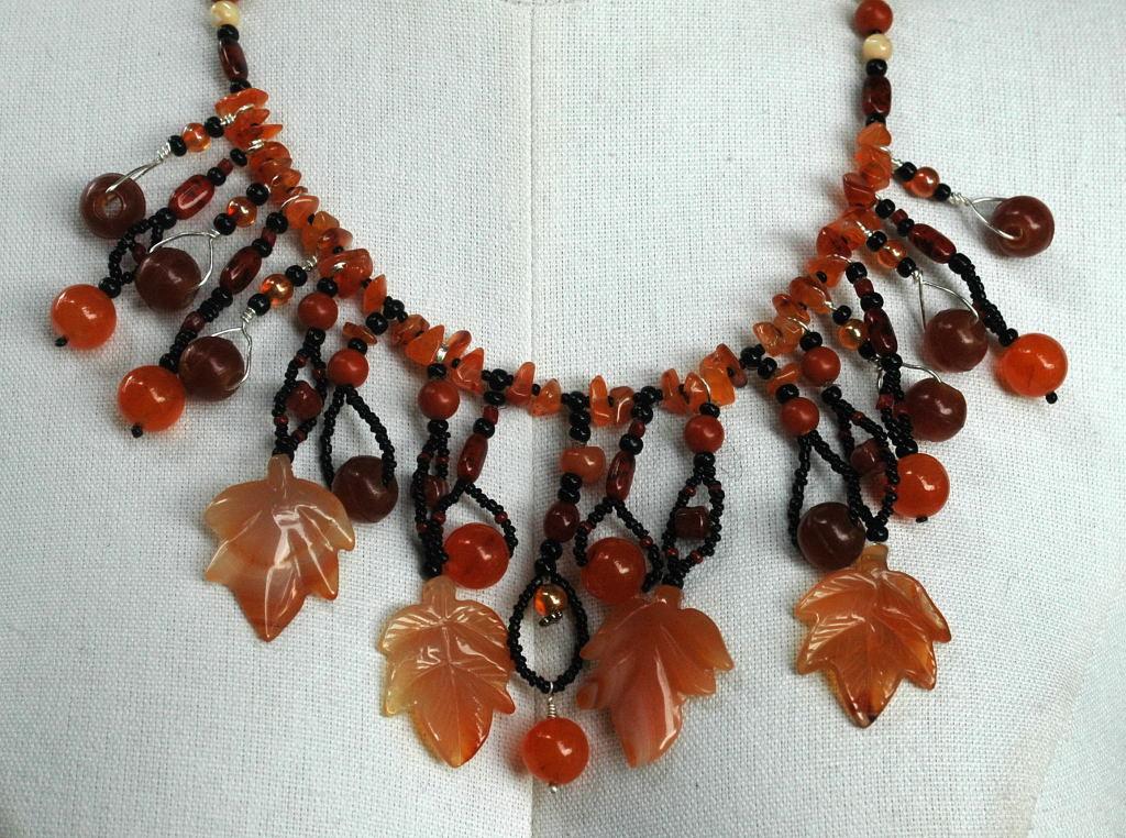 Carnelian Carved Maple Leaf & Old Trade Beads Necklace One of kind , hand crafted, original design