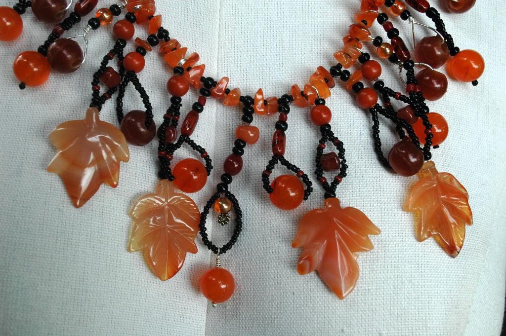 Carnelian Carved Maple Leaf & Old Trade Beads Necklace One of kind , hand crafted, original design