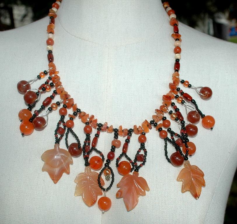 Carnelian Carved Maple Leaf & Old Trade Beads Necklace One of kind , hand crafted, original design