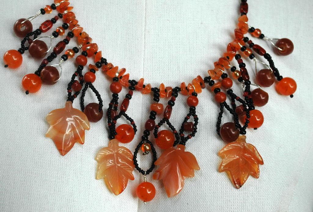 Carnelian Carved Maple Leaf & Old Trade Beads Necklace One of kind , hand crafted, original design