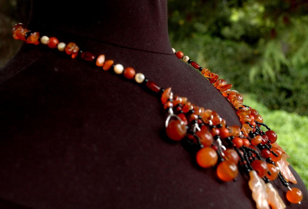 Carnelian Carved Maple Leaf & Old Trade Beads Necklace One of kind , hand crafted, original design