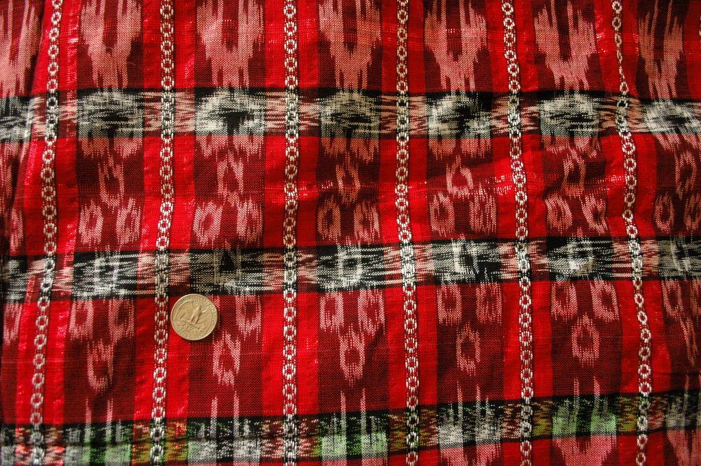 Hand Woven Fabric from Verapaces Guatemala Ikat Red , Black, White with Metallic Threads Per Yard